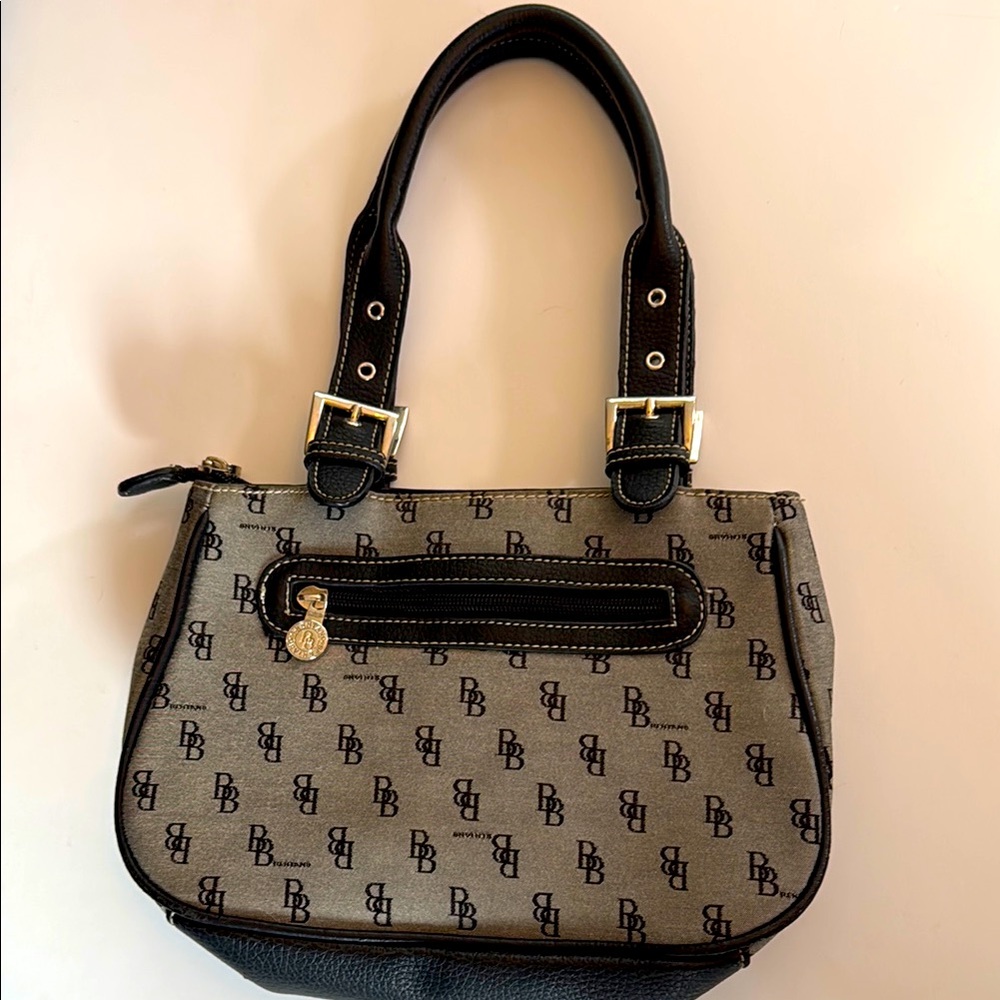 Brentano BB Moda Italy Tote Bucket Bag Purse Gray Black Silver Adjustable Zip